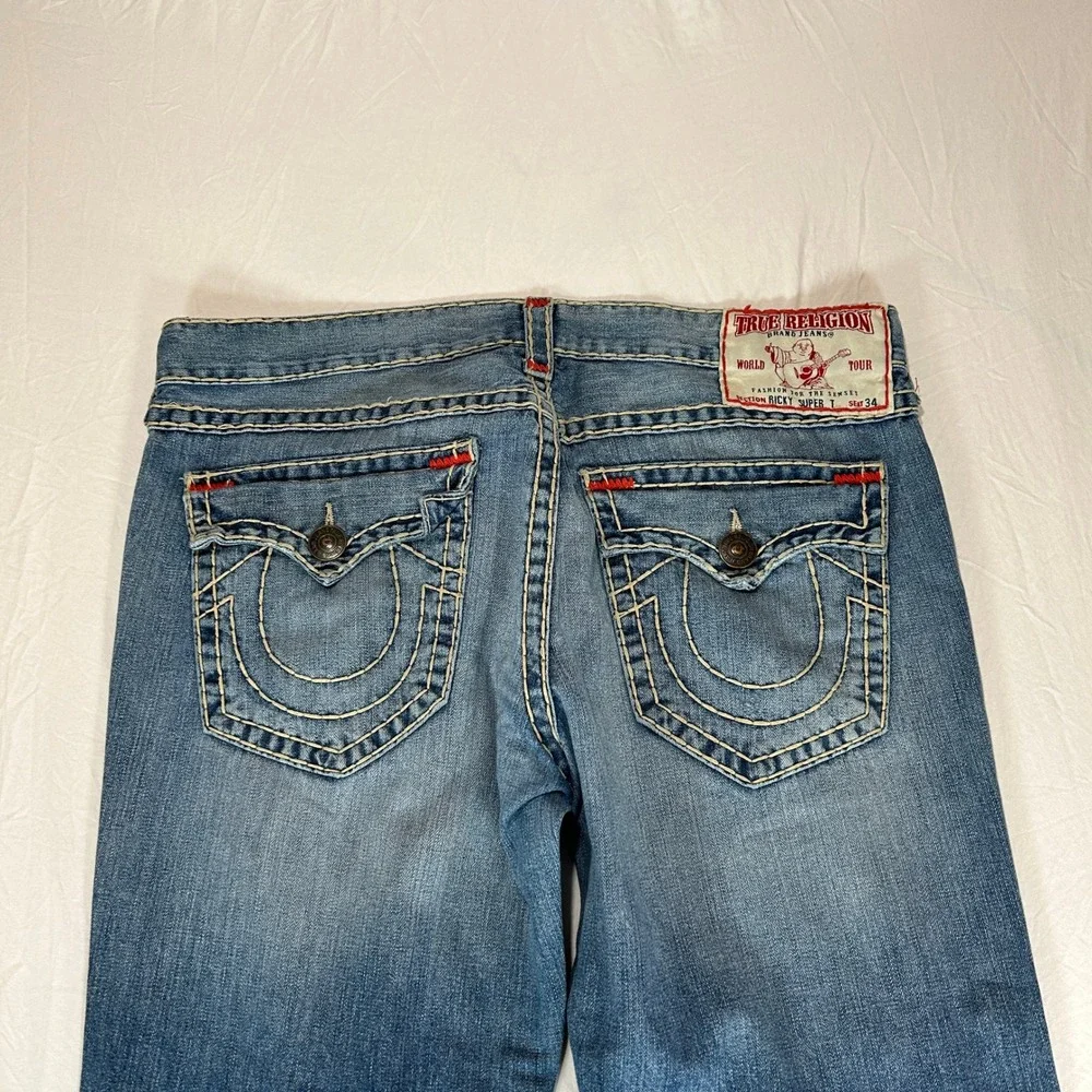 True Religion Ricky Super T Mens 40 Blue Jean Red Thick Stitch Straight Made USA